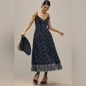 En Saison Navy Blue Star Midi Dress with White Embroidered Hem
